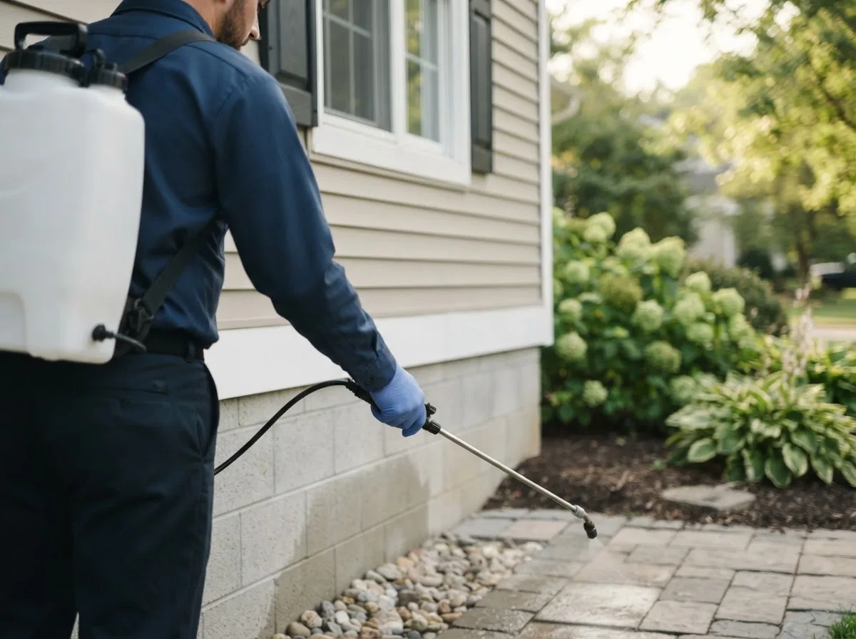 Pest control technician inspecting a home in Raymond, KS